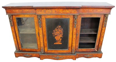 Lot 1322 - Mid Victorian burr walnut, inlaid and ormolu mounted breakfront cabinet, one door lacking glass.