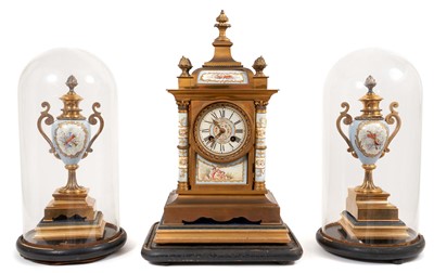 Lot 612 - 19th century French porcelain and gilt metal mantel clock, with pair of 19th century porcelain and gilt ormolu urn garnitures,  under glass domes