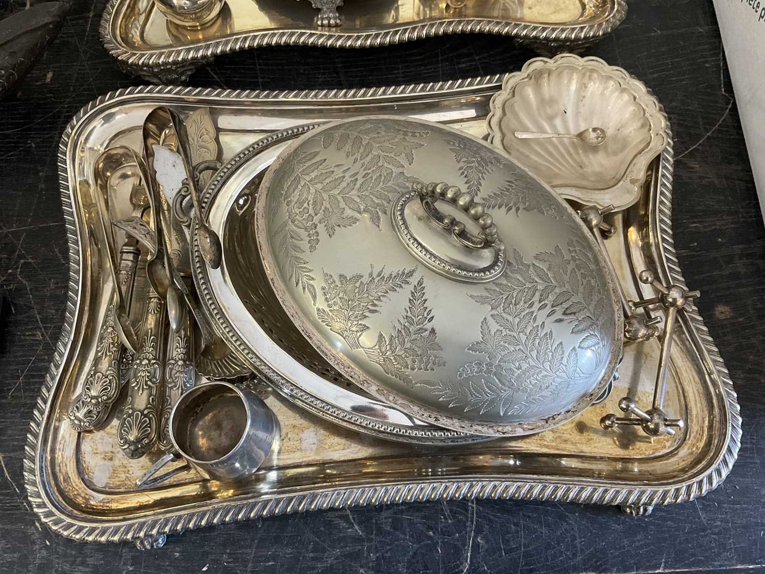 Lot 170 - Silver plated desk stand, a pair of 19th century shaped plated trays and other silver plate
