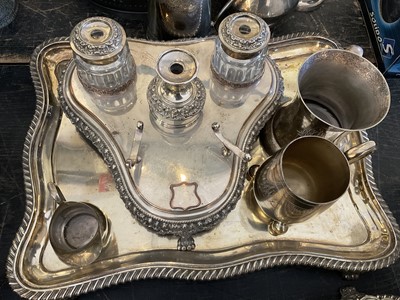 Lot 170 - Silver plated desk stand, a pair of 19th century shaped plated trays and other silver plate