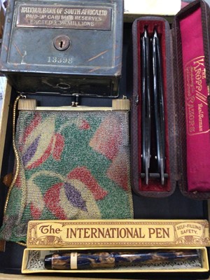 Lot 342 - Art Deco painted mesh purse, Conway Stewart fountain pen, cased set cut throat razors and money box