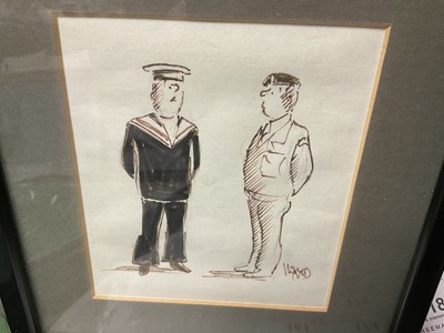 Lot 156 - Bill Tidy (b. 1933) original pen and wash cartoon, together with another original newspaper pen cartoon framed together with original Daily Telegraph clipping