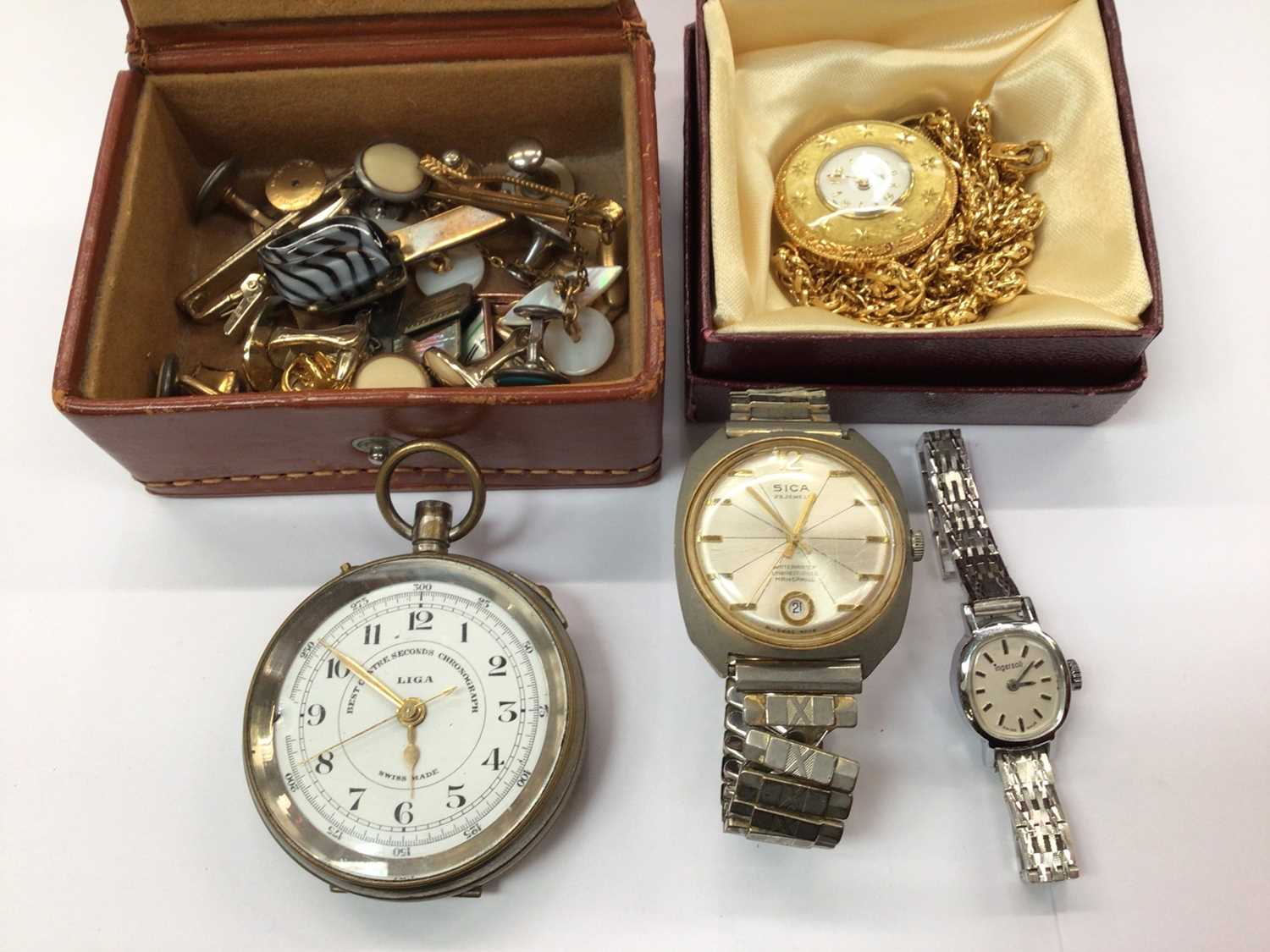 Lot 911 - Liga Chronograph pocket watch, other watches, cufflinks etc