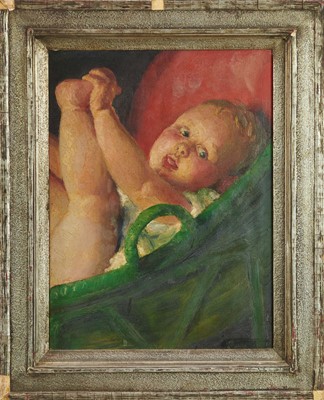 Lot 1023 - *Gerald Spencer Pryse (1882-1956) oil on canvas - Study of a baby in a basket (the artist's daughter), signed, 41 x 30cm, framed