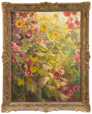 Lot 1050 - *Gerald Spencer Pryse (1882-1956), oil on canvas - Hollyhocks, signed 90 x 70cm