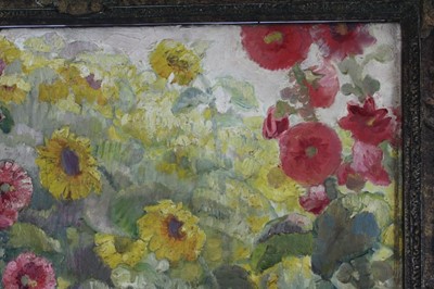 Lot 1050 - *Gerald Spencer Pryse (1882-1956), oil on canvas - Hollyhocks, signed 90 x 70cm