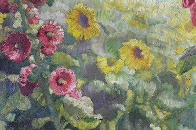 Lot 1050 - *Gerald Spencer Pryse (1882-1956), oil on canvas - Hollyhocks, signed 90 x 70cm