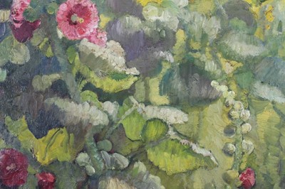 Lot 1050 - *Gerald Spencer Pryse (1882-1956), oil on canvas - Hollyhocks, signed 90 x 70cm