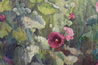 Lot 1050 - *Gerald Spencer Pryse (1882-1956), oil on canvas - Hollyhocks, signed 90 x 70cm