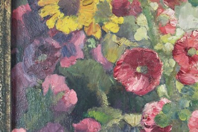 Lot 1050 - *Gerald Spencer Pryse (1882-1956), oil on canvas - Hollyhocks, signed 90 x 70cm