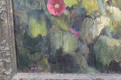 Lot 1050 - *Gerald Spencer Pryse (1882-1956), oil on canvas - Hollyhocks, signed 90 x 70cm