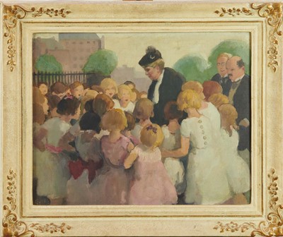 Lot 1018 - *Gerald Spencer Pryse (1882-1956) oil on canvas - Queen Mary greeting schoolchildren, signed, 41 x 50cm, framed