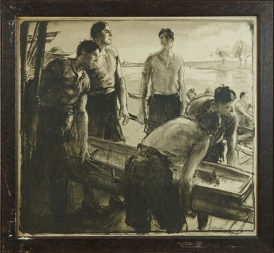 Lot 1015 - *Gerald Spencer Pryse (1882-1956) lithograph - Rowers before the race, signed, 58 x 63cm, glazed frame