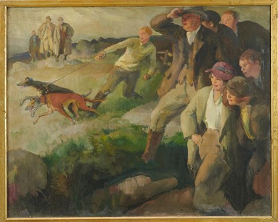 Lot 1005 - *Gerald Spencer Pryse (1882-1956) oil on canvas - Greyhound racing, 61 x 71cm, framed