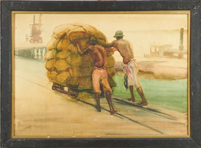 Lot 1006 - *Gerald Spencer Pryse (1882-1956) watercolour - ‘Loading Groundnuts on the wharf at Burutu’, titled to exhibition label verso, 53 x 78cm, framed, probably relating to the 1924 Empire Exhibition