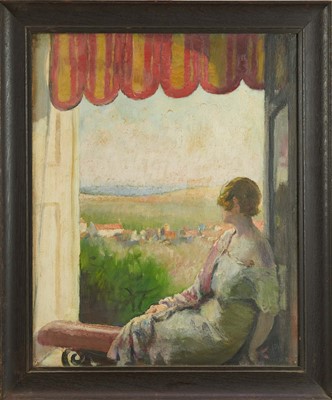 Lot 1019 - *Gerald Spencer Pryse (1882-1956) oil on canvas, figure at a window, 51 x 41cm, framed