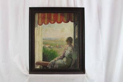 Lot 1019 - *Gerald Spencer Pryse (1882-1956) oil on canvas, figure at a window, 51 x 41cm, framed