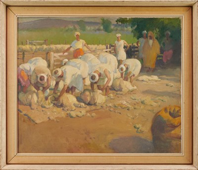 Lot 1043 - *Gerald Spencer Pryse (1882-1956) oil on canvas - Sheep shearing, probably Tangiers, 62 x 75cm, framed