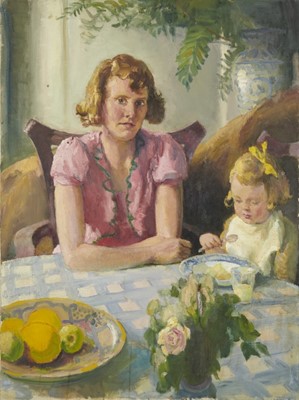 Lot 1040 - *Gerald Spencer Pryse (1882-1956) oil on canvas - The artist's wife and daughter in an interior, 103 x 76cm