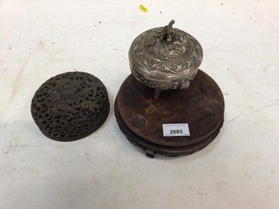 Lot 2685 - Chinese metalware bowl and cover and Chinese stand and pierced wooden cover