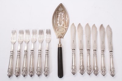 Lot 341 - Set of six Victorian silver fish knives and forks and a George III silver fish slice