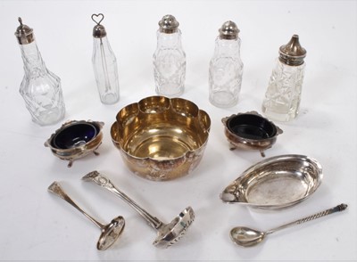 Lot 344 - Selection of miscellaneous silver to include George III pap boat, Russian spoon, and other items