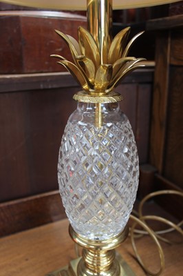 Lot 175 - Good quality cut glass and gilded brass table lamp with 'pineapple' column, with shade