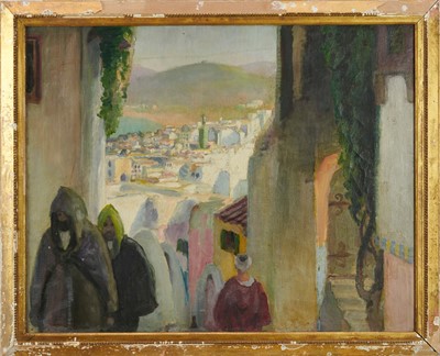 Lot 1036 - *Gerald Spencer Pryse (1882-1956) oil on canvas - Figures before an extensive townscape, Tangiers, 62 x 75cm, framed