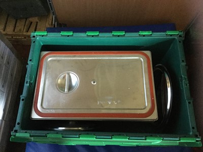 Lot 22 - Four boxes of stainless steel catering tins, serving trays, dishes etc.