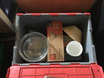 Lot 23 - Four boxes of catering glass ware, cups, tins, serving trays, dishes etc.