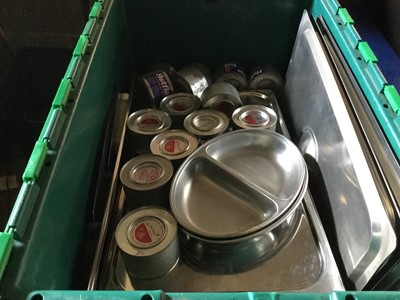 Lot 24 - Five boxes of stainless steel catering tins, serving trays, dishes etc and other items