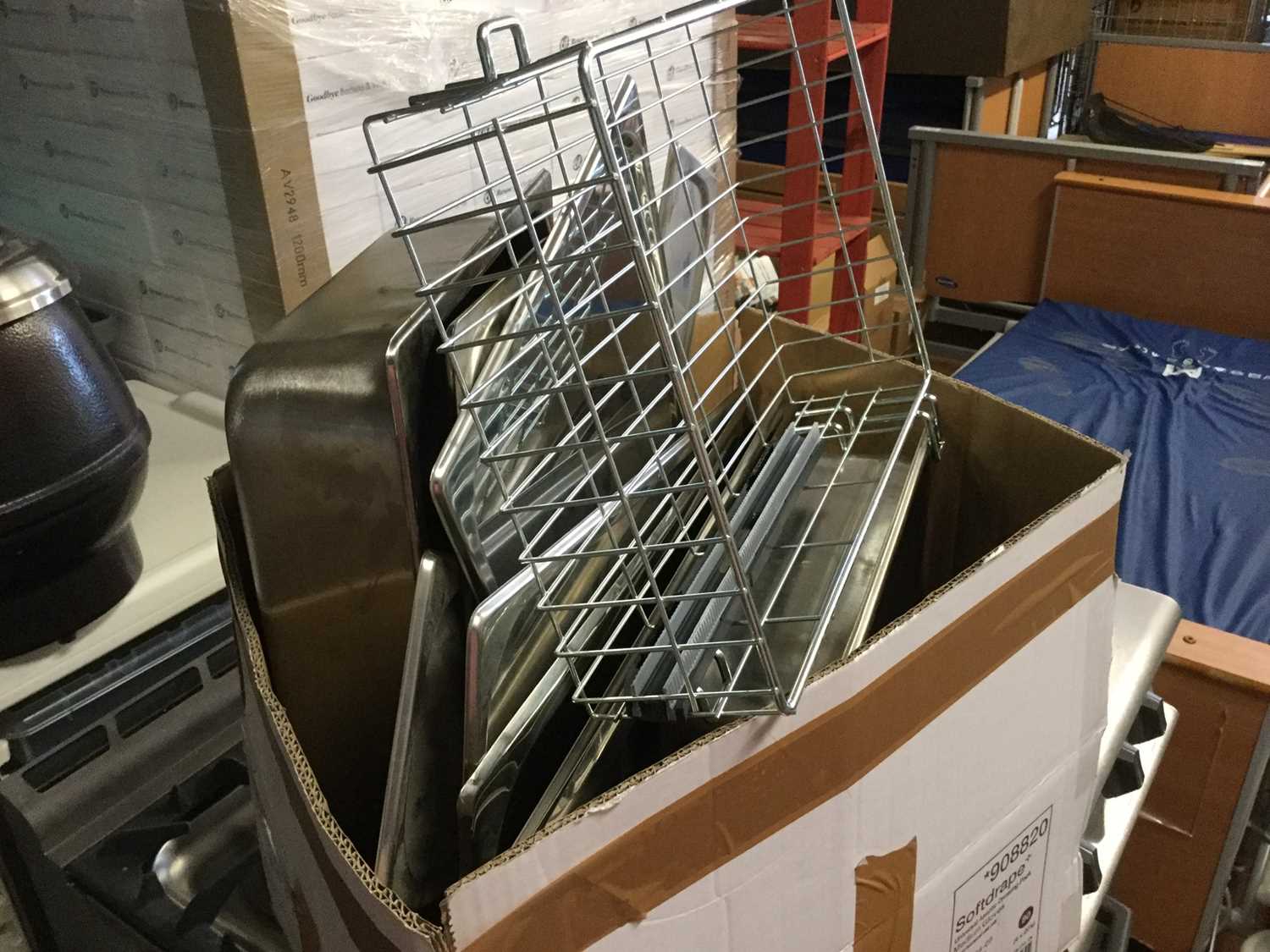 Lot 25 - Six boxes of stainless steel catering tins, serving trays, dishes etc and other items