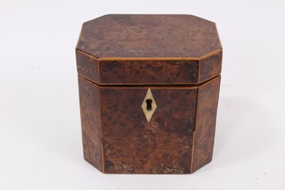 Lot 701 - George III burr yew veneered octagonal tea caddy with bone escutcheon