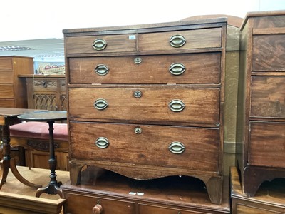 Lot 1045 - Nineteenth century oak and mahogany chest of two short and three long graduated drawers, 38" wide, 18" deep, 39" high