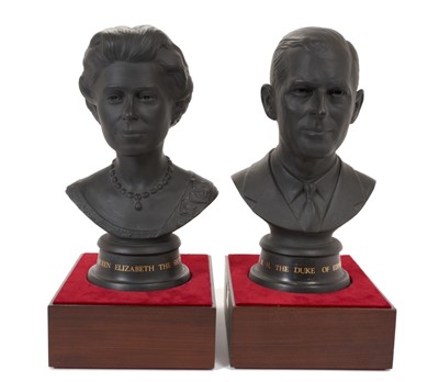 Lot 104 - H.M.Queen Elizabeth II and H.R.H.The Duke of Edinburgh, pair Royal Doulton limited edition black basalt Royal Busts 1972 in box
