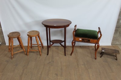 Lot 1058 - Edwardian inlaid mahogany oval occasional table, together with inlaid piano stool, milking stool and pair of stools by Russell Thomas (5)