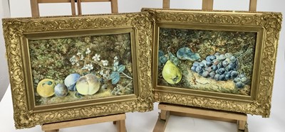 Lot 218 - After Vincent Clare, pair of watercolours, still life fruit on a mossy bank, 21cm x 30.5cm, in glazed gilt frames