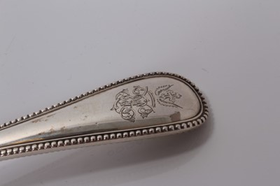 Lot 5 - Victorian silver Old English bead pattern stilton scoop with engraved armorial, (London 1860), maker George Adams, 23cm long, (3.7oz)