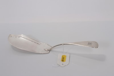 Lot 6 - George III silver Old English pattern fish slice with engraved armorial and pierced decoration, (London 1805), maker IS, 30cm long, (4.1oz)