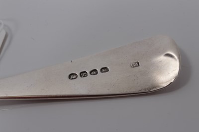 Lot 6 - George III silver Old English pattern fish slice with engraved armorial and pierced decoration, (London 1805), maker IS, 30cm long, (4.1oz)