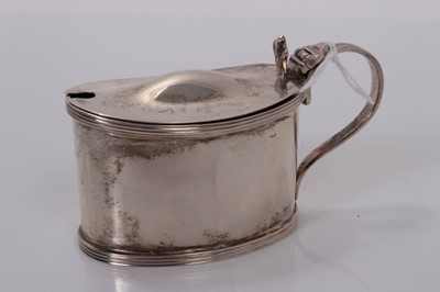 Lot 9 - George V silver mustard pot of oval form with receded borders and blue glass liner, (Birmingham 1917), maker S Blanckensee & Son Ltd, 9.5cm wide, (2.6oz)