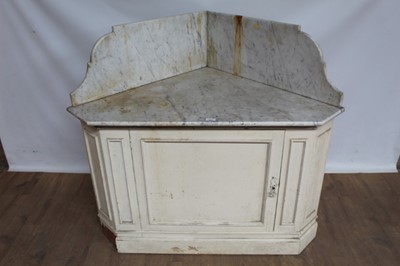 Lot 1081 - Victorian painted pine corner washstand with marble top and splashback, and panelled door below, 47" wide, 41.5" high