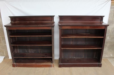 Lot 1088 - Pair of good quality mahogany open bookcases with raised ledge backs and adjustable shelves below, 43" wide, 13" deep, 49" high