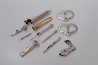 Lot 22 - Pair Edwardian silver heart shaped shoe buckles, (Chester 1905), silver cheroot case containing cheroot with 9ct gold mount, other silver and white metal items