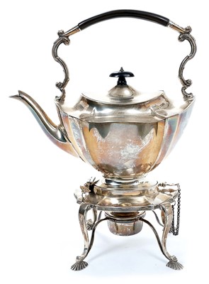 Lot 251 - Early Edwardian silver spirit kettle of faceted form, with hinged cover and scroll mounted handle
