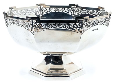 Lot 252 - 1920s silver bowl of octagonal form, with pierced castellated border on an octagonal pedestal base