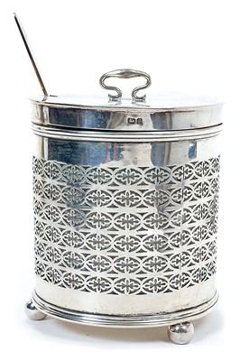 Lot 260 - Edwardian silver marmalade pot container of cylindrical form, with pierced decoration