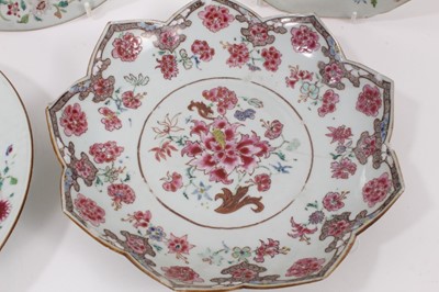 Lot 99 - Five 18th century Chinese famille rose dishes, one of lotus form, the others decorated with landscapes and figures