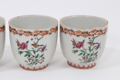 Lot 100 - Group of 18th century Chinese famille rose export porcelain, including five cups, three tea bowls, a sparrow beak jug, two saucers, a bowl and a cover (13)