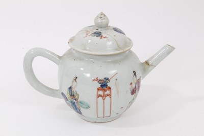 Lot 101 - Two 18th century Chinese famille rose teapots, painted with figures, and a similar coffee pot painted with flowers